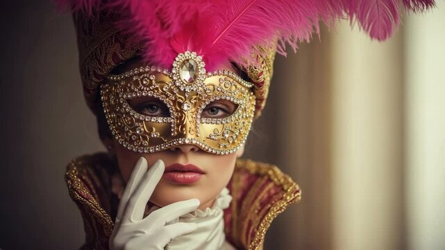 Elegant Woman in Venetian Mask with Feathered Headpiece Portrait
