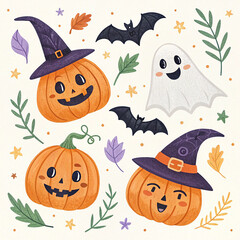 Charming Halloween Pumpkins, Bats, and Ghost; Cute, Whimsical, Autumnal Illustration