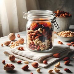Glass Jar of Mixed Nuts and Dried Fruits on a Marble Table in Natural Light