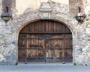 Ancient Wooden Arch Gate in Stone Wall Medieval Fortress Entrance