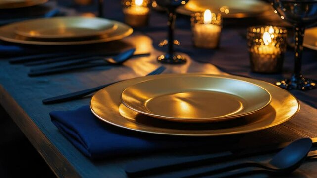 A fancy table setup with gold dinner plates and candlelight. Perfect for formal dinners, sophisticated events or elegant celebrations.