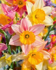 Naklejka premium Bright daffodils in pink, yellow, and white hues with dewy petals, creating a fresh and colorful springtime vibe.