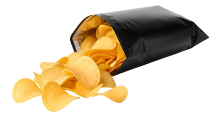 A black bag spilling potato chips on a black background with a golden interior visible inside bag