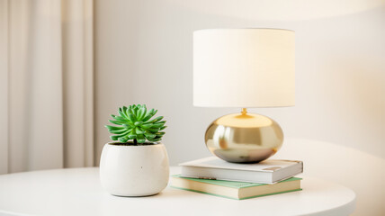 A minimalist interior scene featuring a small potted plant and a table lamp on a white surface against a light gray background.