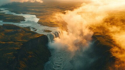 Fototapeta premium Dramatic aerial view of a powerful waterfall cascading over a cliff face, bathed in golden sunlight. Vast landscape of hills and valleys surrounds the