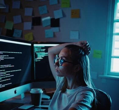 A young female coder working at night with glowing screens around her, immersed in programming