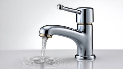 Modern chrome faucet with flowing water creating ripples on a white surface