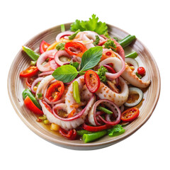 Spicy tentacles and squids roe Thai salad with chili garnish is a bold seafood dish with rich flavor
