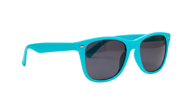 A pair of turquoise sunglasses with dark lenses isolated against a black background in studio shot