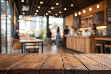 Photo of a wooden table in a blurred restaurant interior with warm lighting