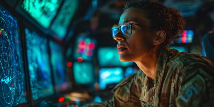 Military operator monitors multiple screens in a high-tech control room focused on strategic operations and situational awareness