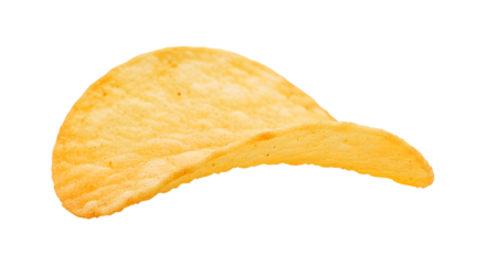 A single potato chip isolated on a black background with a slight curve and golden yellow color tone