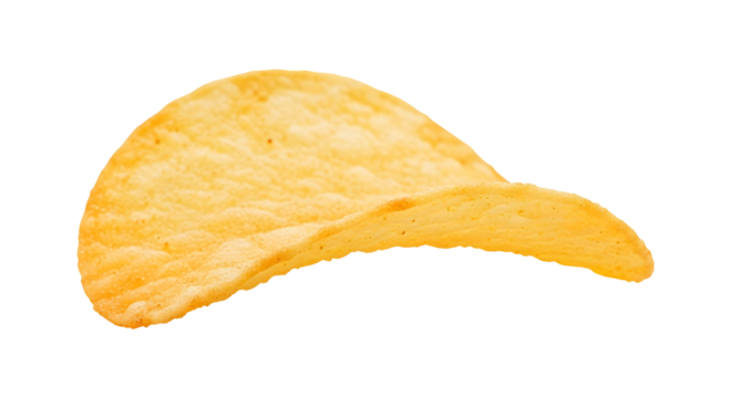 A single potato chip isolated on a black background with a slight curve and golden yellow color tone
