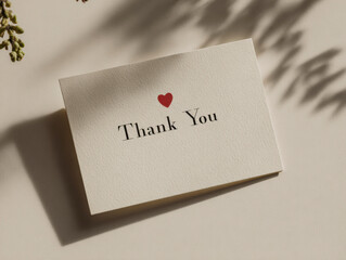Thank you card with heart detail placed on a neutral surface surrounded by soft shadows in natural light