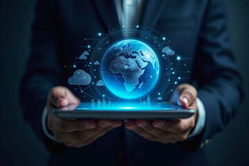 Businessman holding tablet with earth global ecology sustainable glowing floating