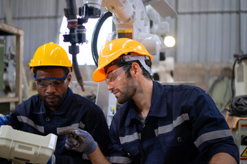 Blue collar workers at machine shop with welding robot arm.