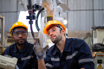 Blue collar workers at machine shop with welding robot arm.