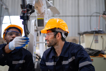 Blue collar workers at machine shop with welding robot arm.