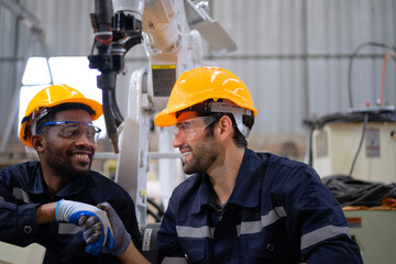 Blue collar workers at machine shop with welding robot arm.