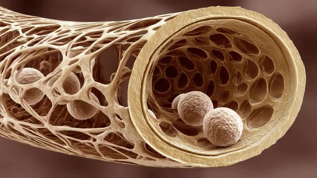 A detailed close-up of bone structure showing its porous, spongy interior and marrow under a microscope.
