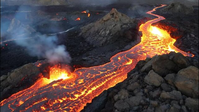 Fiery River of Molten Lava Flowing Through Volcanic Landscape