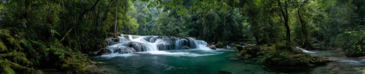 Fototapeta premium Cascading waterfalls in lush forest hdr 360 degrees hdri view