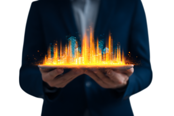 Person holding tablet displaying a futuristic city. Innovation, technology, and future concept.