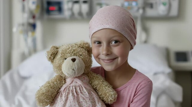 Child in Hospital Bed Holding Teddy Bear Smiling Wearing Headscarf Pediatric Ward