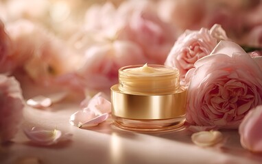 Luxurious face cream with rose petals, Face cream jar with rose petals in the air.Makeup face skin cream with rose flower petals. generative ai