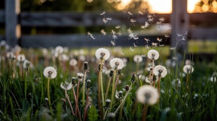 Dandelion seeds blowing in the wind at sunset in a meadow  