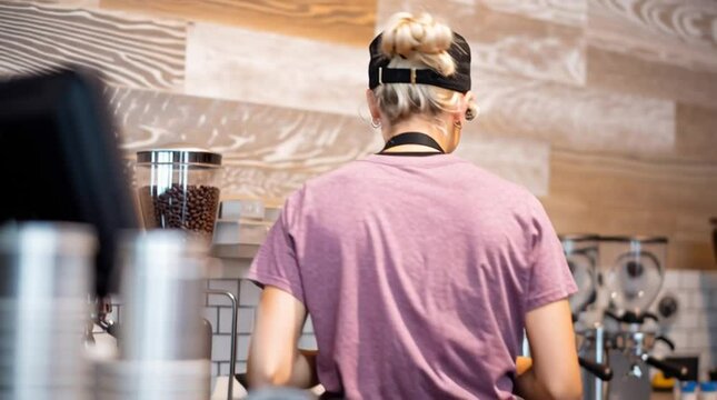 A barista makes a cup of hot coffee at a cafe or java shop