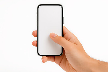 Hand tapping blank smartphone screen, isolated on white background, studio light