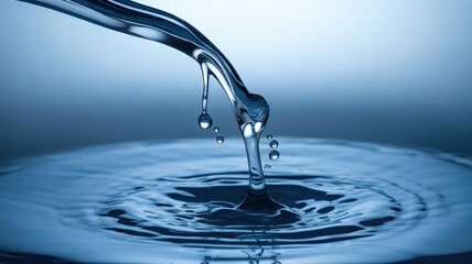 Water dripping from faucet into rippling surface in blue light  