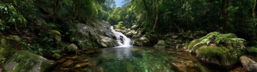 Fototapeta premium Serene waterfall adventure lush forest hdr 360 degrees nature hdri