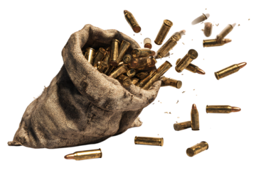 Bullets spilling from a burlap sack.  War, conflict, danger concept.