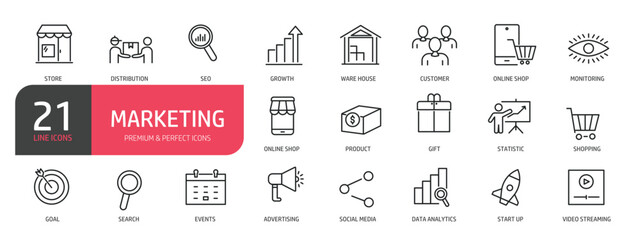Set of line icons related to marketing, advertising, business, commerce. Outline icons collection. Editable stroke. Vector illustration