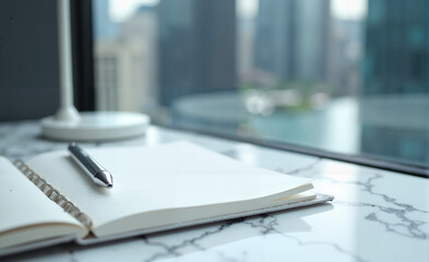 Close-Up of Marble Desk with Urban Skyline Background