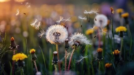 Dandelion flowers floating in the wind at sunset in a meadow  