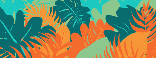 Naklejka premium Abstract tropical leaves vector illustration on a dark background. Cartoon flat design of a variety of colorful leaves in a tropical style. The vibrant colors and abstract shapes 