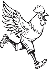 Cute rooster running forward with sneakers, ideal for children’s books, farm labels, and playful logos.