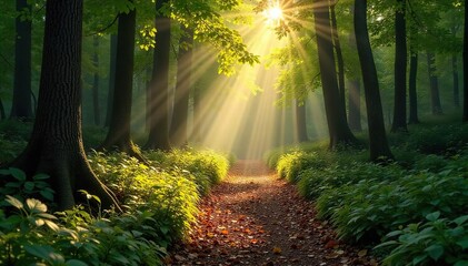 Obraz premium Sun-Dappled Forest Path A Serene Exploration Through Peaceful Woods, Inviting Tranquil Wanderlust and a Sense of Adventure Amongst Softly Carpeted Leaves.