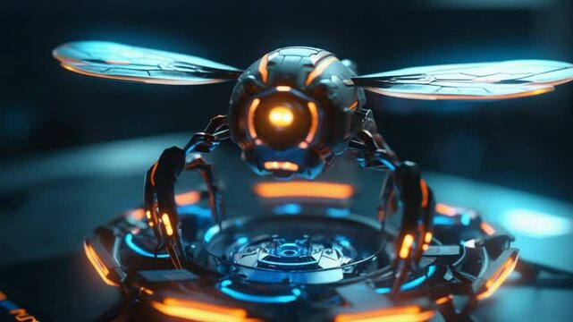 Futuristic Sci-Fi Bee Robot Hovering with Glowing Lights and Intricate Details, 3D Rendering