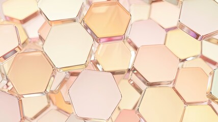 Colorful hexagonal glass shapes in pastel tones on white background  