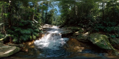 Serene waterfall flowing through lush jungle hdr 360 degrees hdri