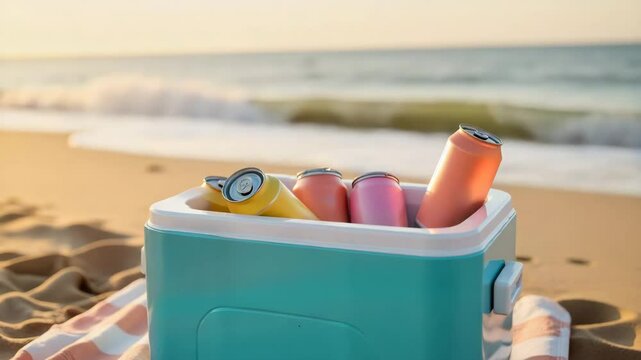 Cooler with colorful cans on sandy beach at sunset  