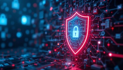 Cyber Security Shield Digital Lock Icon within a Red Neon Circuit Board