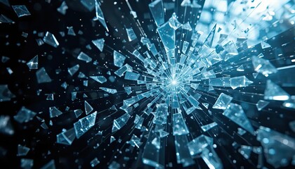 Shattered glass pieces exploding in dynamic motion against darkness  