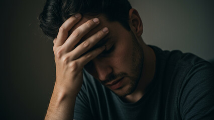 Depressed Young Man With Hand Covering Face Expressing Sadness and Stress