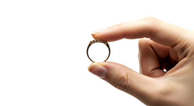 Close-up of a sparkling gold ring with diamonds, held delicately in a hand. A symbol of love, commitment, and luxury.