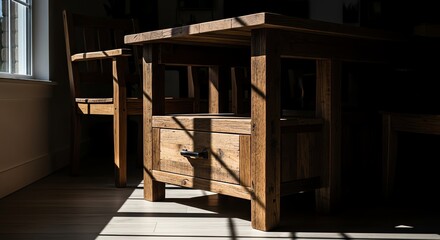 Rustic Wooden Table and Chair in Sunlit Room